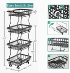 Stackable Fruit Vegetable Basket 4 Tier Kitchen Storage Rolling Cart | metal frame, 9.4“ width for small ppace, easy assembly, veggie rack for potato onion produce apple banana, move smoothly