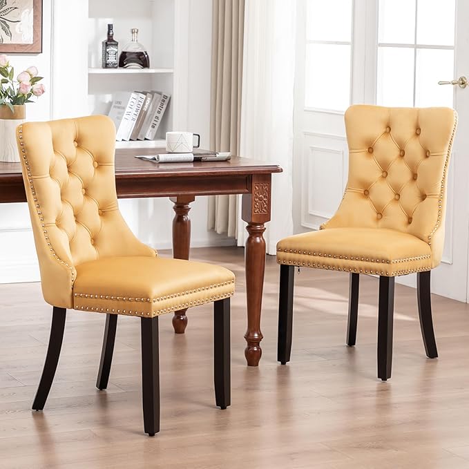 Kiztir Velvet Dining Chairs Set of 2, Upholstered Dining Chairs with Ring Pull Trim and Button Back, Luxury Tufted Dining Chair for Living Room, Bedroom, Kitchen (Gold)