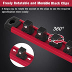 WORKPRO Magnetic Socket Organizer, 1/2-Inch Drive Aluminum Alloy Sockets Rail, Heavy Duty Sockets Holder, Socket Rack Kit 1/2-Inch x 10 Clips (Red)