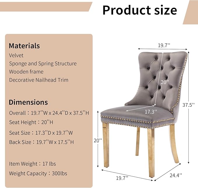 Luxury Upholstered Dining Chairs Set of 2, Grey Kitchen Chair with Golden Metal Legs, Velvet Tufted Back Dining Chair, Sillas de Comedor, Modern Kitchen & Dining Room Chairs (Gray, 2 Pcs)