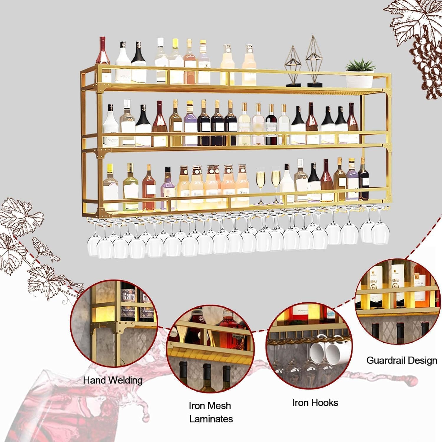Wall Mounted Wine Rack, Floating Industrial Liquor Glass Holder 3 Tiers, Large Metal Wine Bottle Display Rack Hanging Shelf, for Home Bar Dining Room Decorative (Gold, 47.24x35.43x9.84in)