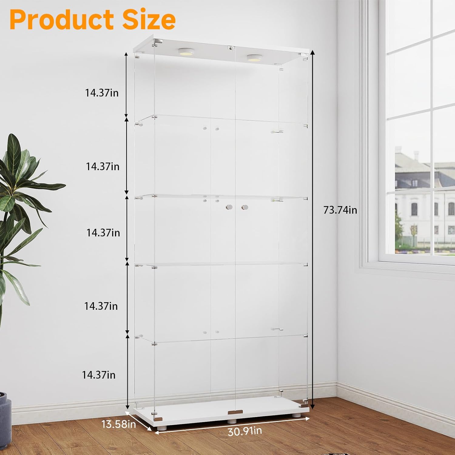 5-Tier Tempered Glass Display Cabinet with Lights, Curio Cabinet with Glass Doors and Lock, Glass Display Case for Collectibles, for Living Room Bedroom Office, Double Door, White