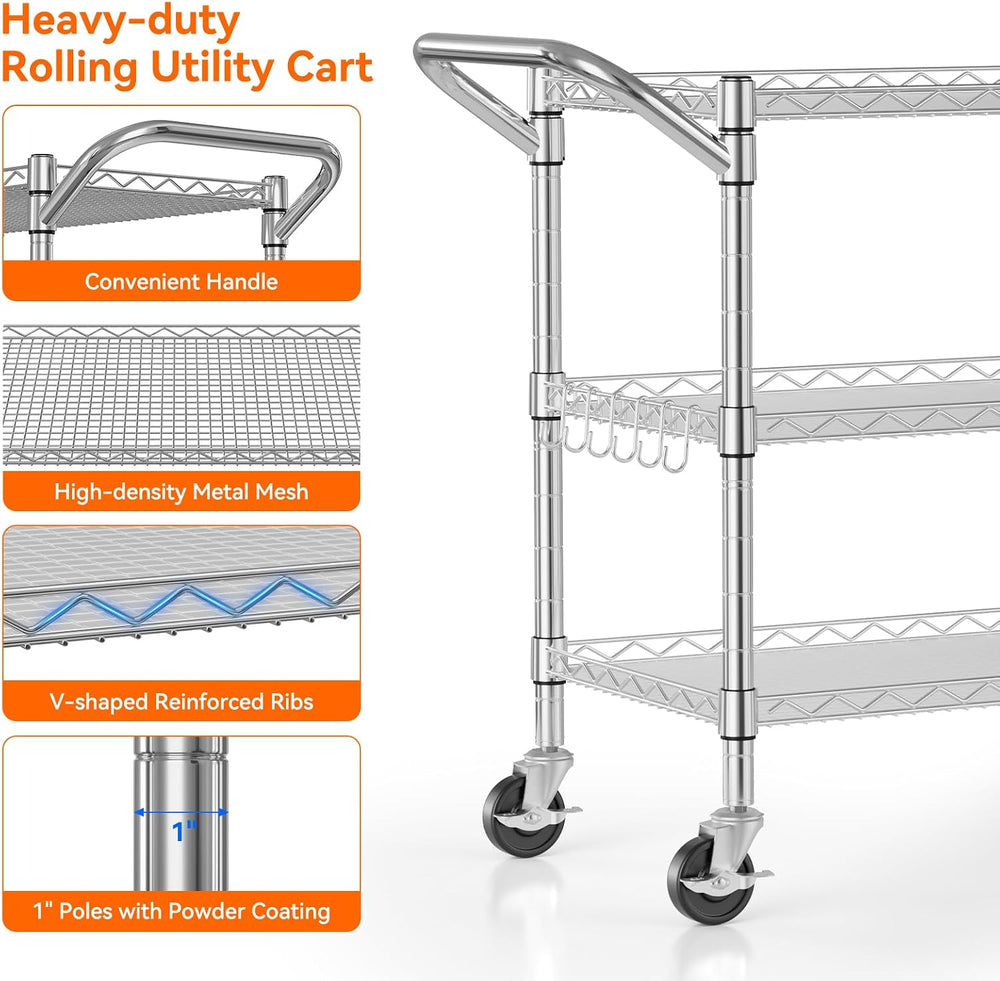 NTE 3 Tier Heavy Duty Rolling Utility Cart on Wheels, 990Lbs Capacity Rolling...