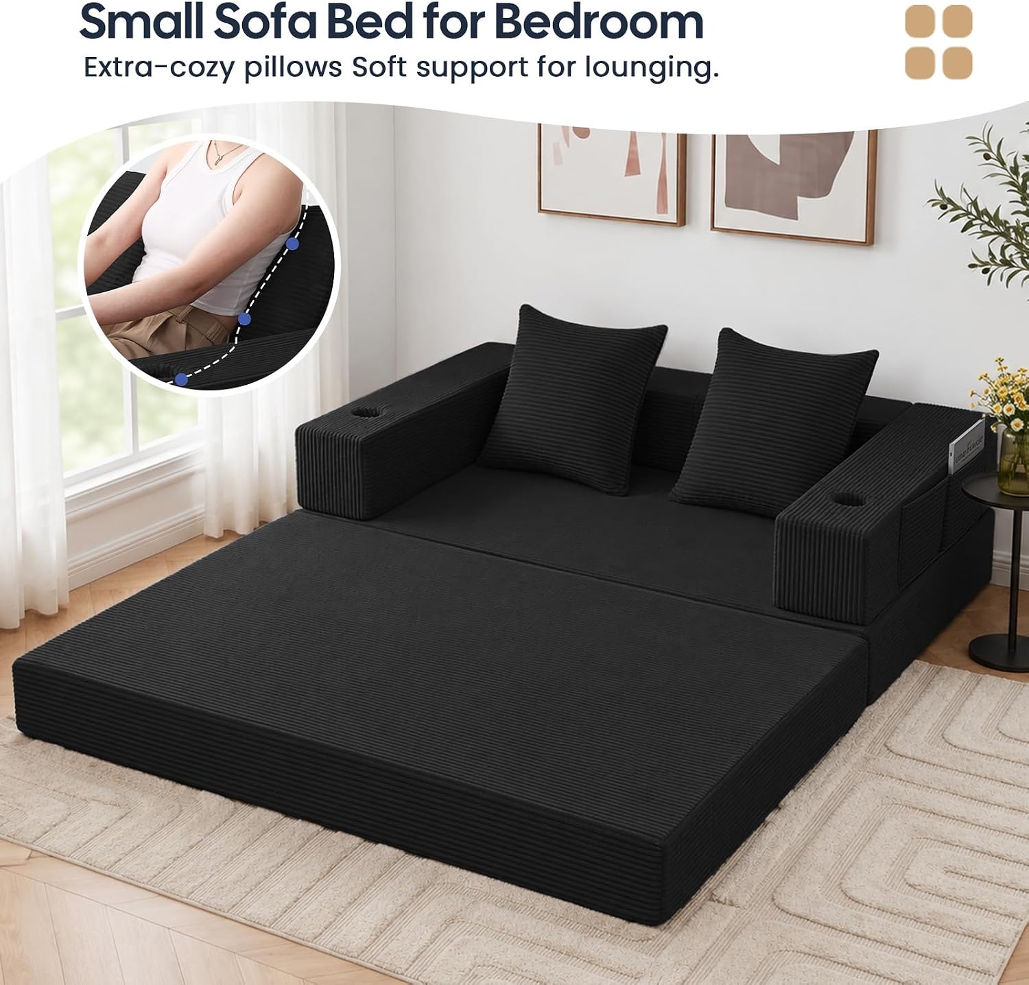 COMAX Futon Sofa Bed, 4‑in‑1 Convertible Sofa Bed, Folding Boneless Couches | Boneless Couch for living room, Fold Out Small Foldable Loveseat Floor Sleeper Mattress Lounge Space‑Saving, Black