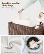 Greenstell Laundry Hamper with Wheels, No Install Needed, 110L Divided Handwoven Hampers & 2 Removable Liner Bags, Rattan Clothes Laundry Basket with Lid & Handles, Foldable Hampers Brown 22x13x26.4In