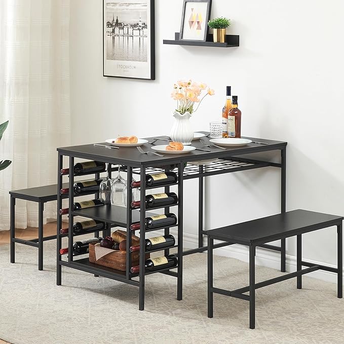 Garvee Dining Table Set for 4, Kitchen Table Set for 4 with 2 Benches, 3 Piece Dining Room Table Set for Small Space Apartment, Black