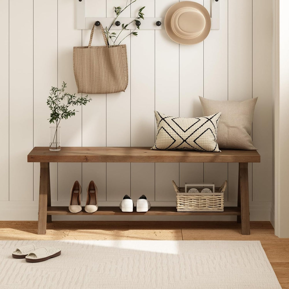 RowyPoey 51" Solid Wood Bench, Long Farmhouse Entryway Bench with Storag...