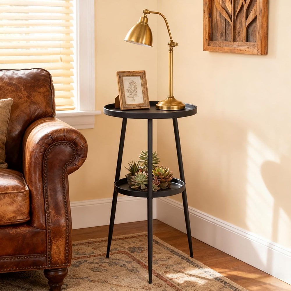 ShellKingdom Small Round Side Table, 2 Tier Metal End Table for Indoor Outdoo...