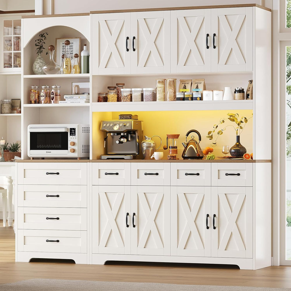 Kitchen Pantry Cabinet with 8 Drawers & Arched Open Shelf, Tall Farmhouse...