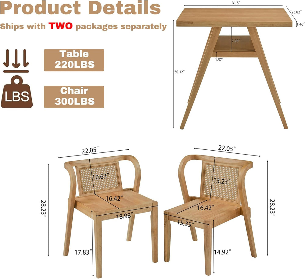 PADMA HOUSE Bistro Stacking Table Chair Set of 3, Wood Rattan Small Dining Ta...
