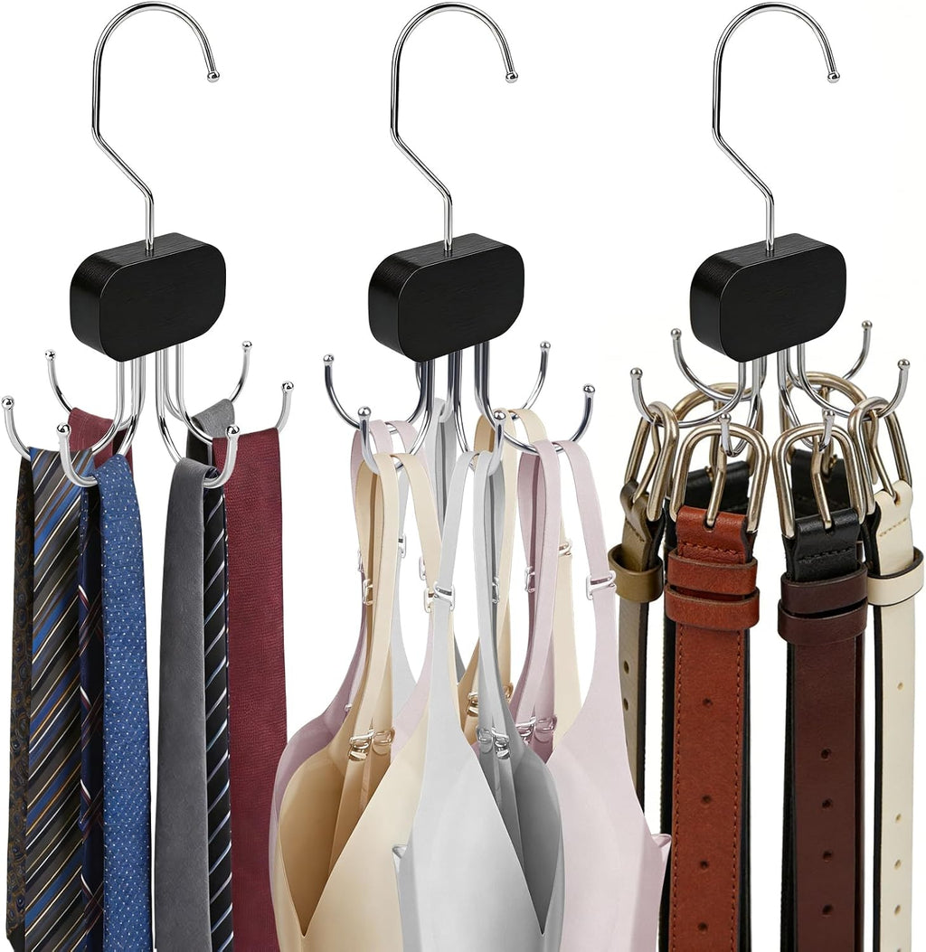 3 Pack Tank Top Hanger, Rotatable Bra Organzier for Closet, Bra Hanger for Closet Organizer, 360° Rotating & Foldable, Metal and Wood, Space-Saving Belt Hangers for Tank Tops, Belt, Tie (Black)