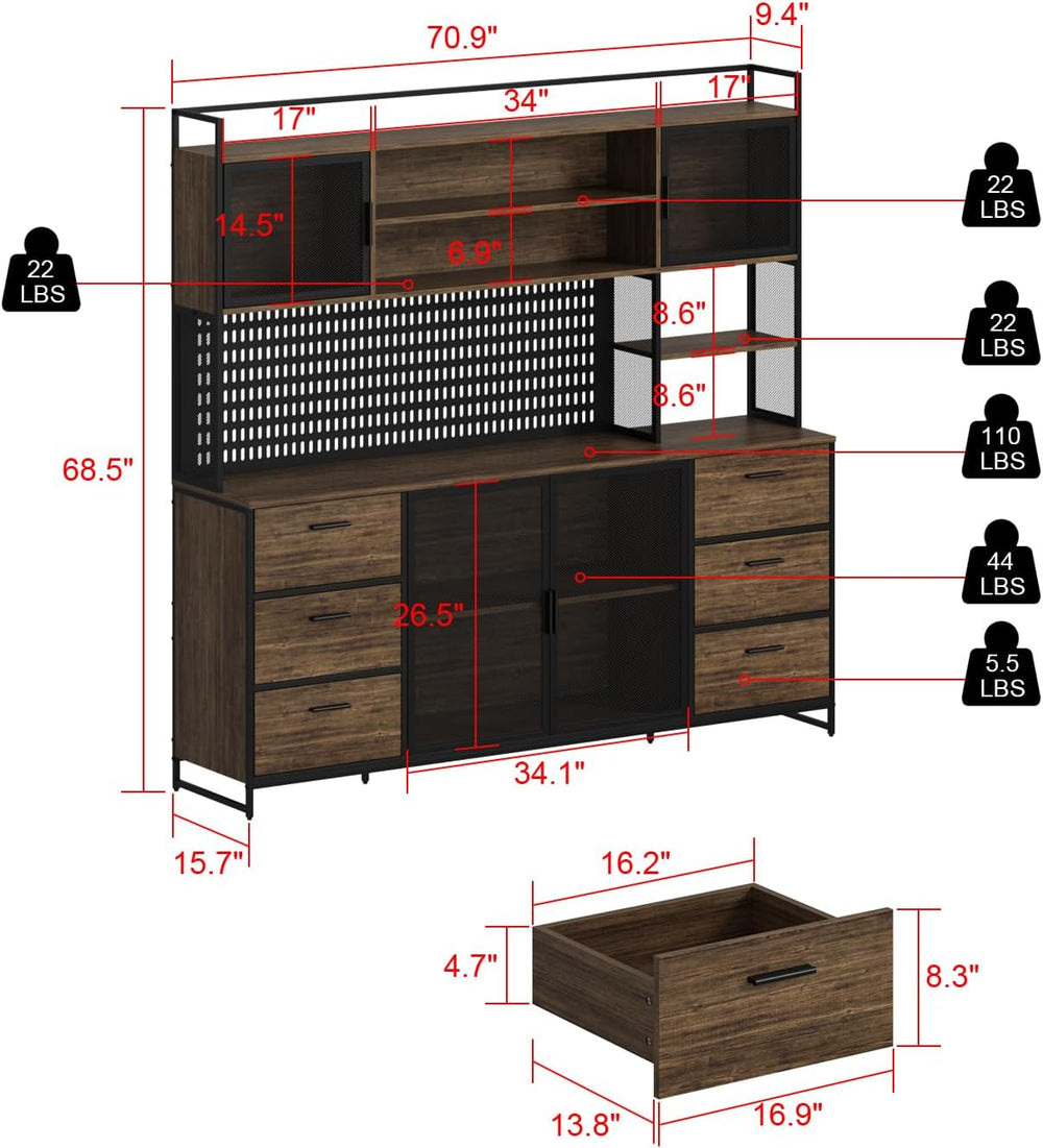 MOUMON 70.9" Extra Large Kitchen Pantry Cabinet with Hutch, Industrial K...