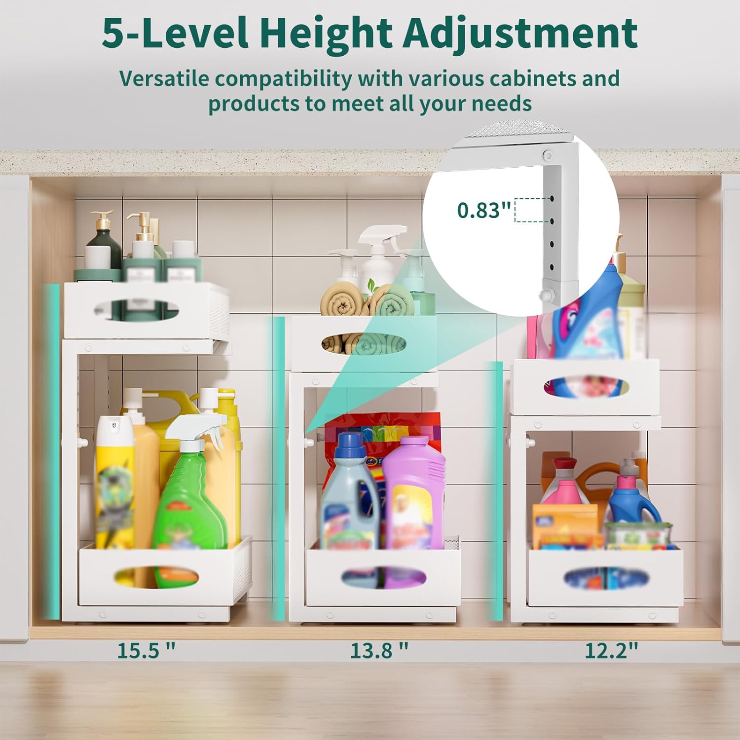 Under Sink Organizer, 1 Pack 2 Tier Metal Slide Out Pull Out Cabinet Organizer Shelf, Height Adjustable Organization and Storage Series, Bathroom/Desktop/Cabinet/Kitchen organization, White