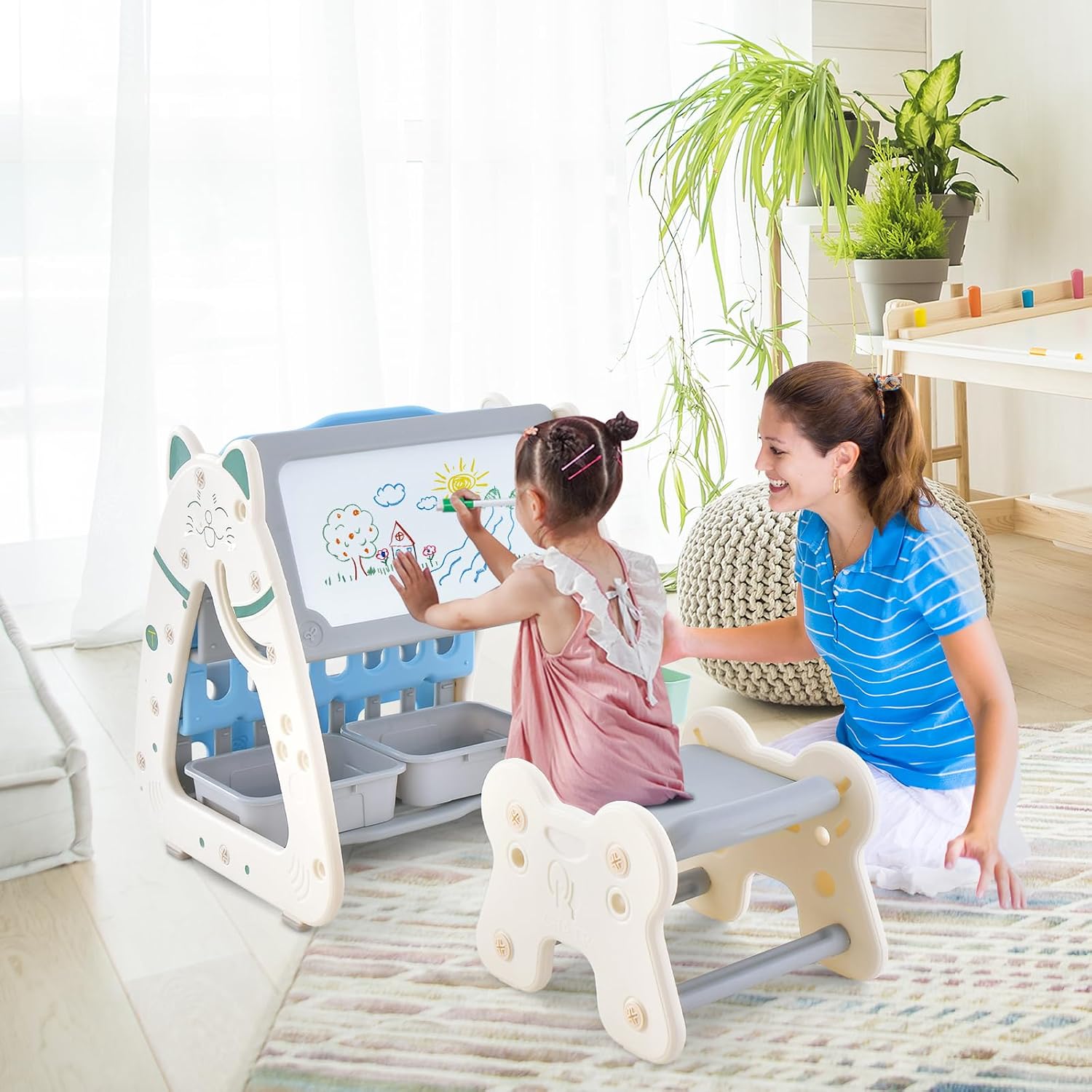 HONEY JOY Kids Table and Chair Set, 3 in 1 Convertible Art Easel & Display Bookshelf w/Magnetic Painting Board, Bottom Storage Shelf, Children Activity Table Set for Drawing Reading (Blue)