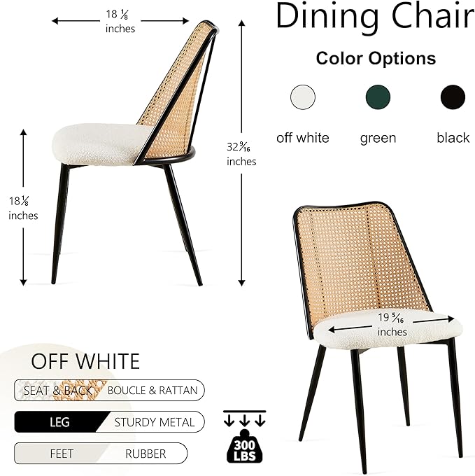 Dining Chairs Set of 2, Modern Mid Century Rattan Accent Chairs Curved Backrest Kitchen Side Chairs Woven Living Room Chairs Upholstered Boucle for Small Spaces, Apartment