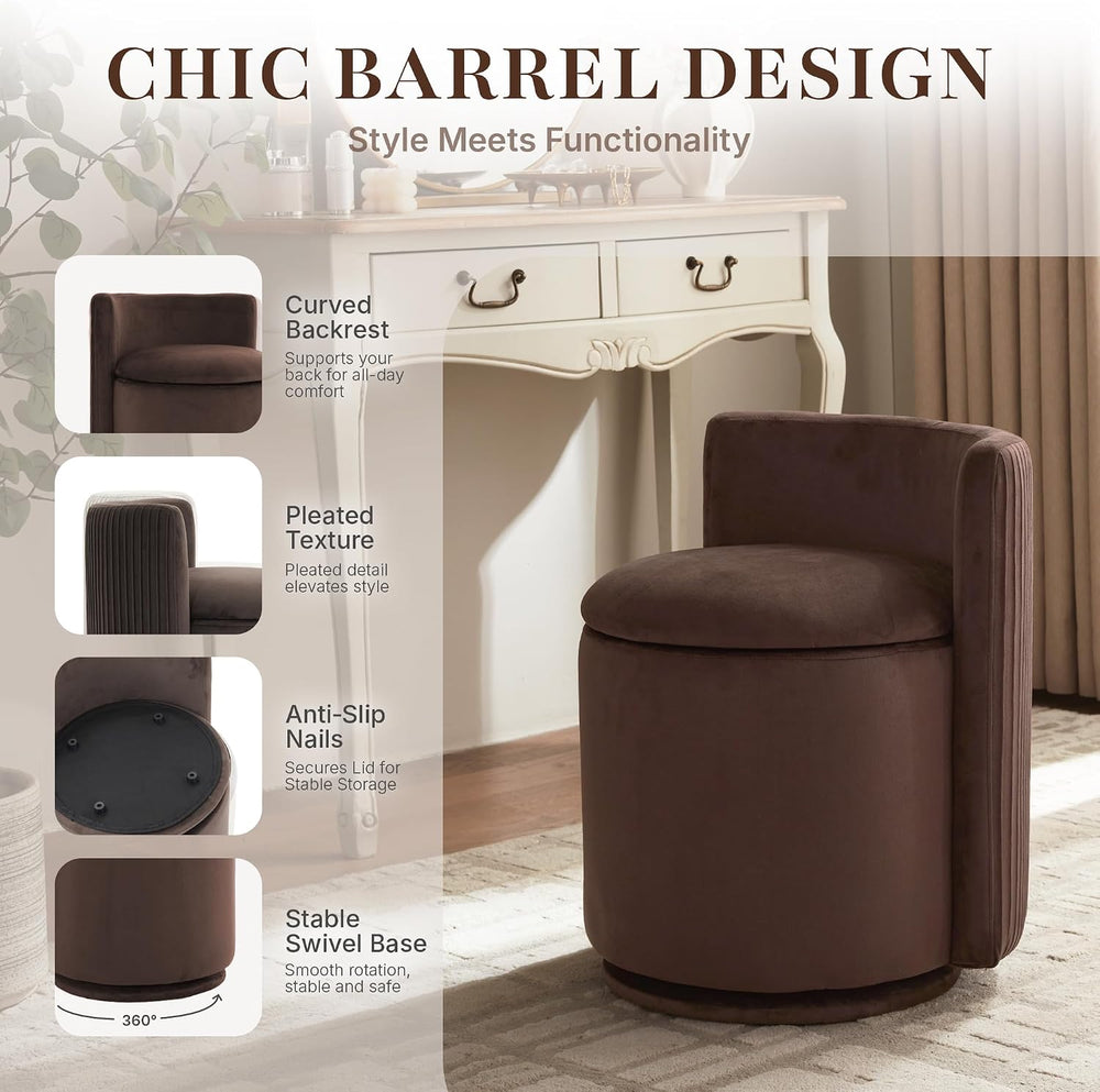 Velvet Vanity Chair with Storage, 360° Swivel Makeup Stool with Stripes Back ...