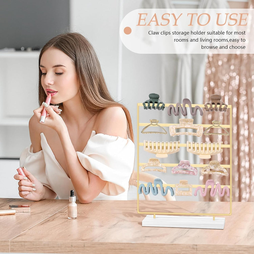 SNOWSTAR Hair Claw Clip Holder Organizer - 5 Tier Iron Rod Hair Clip Holder Storage for Women Girls, Wood Base Desktop Organizer