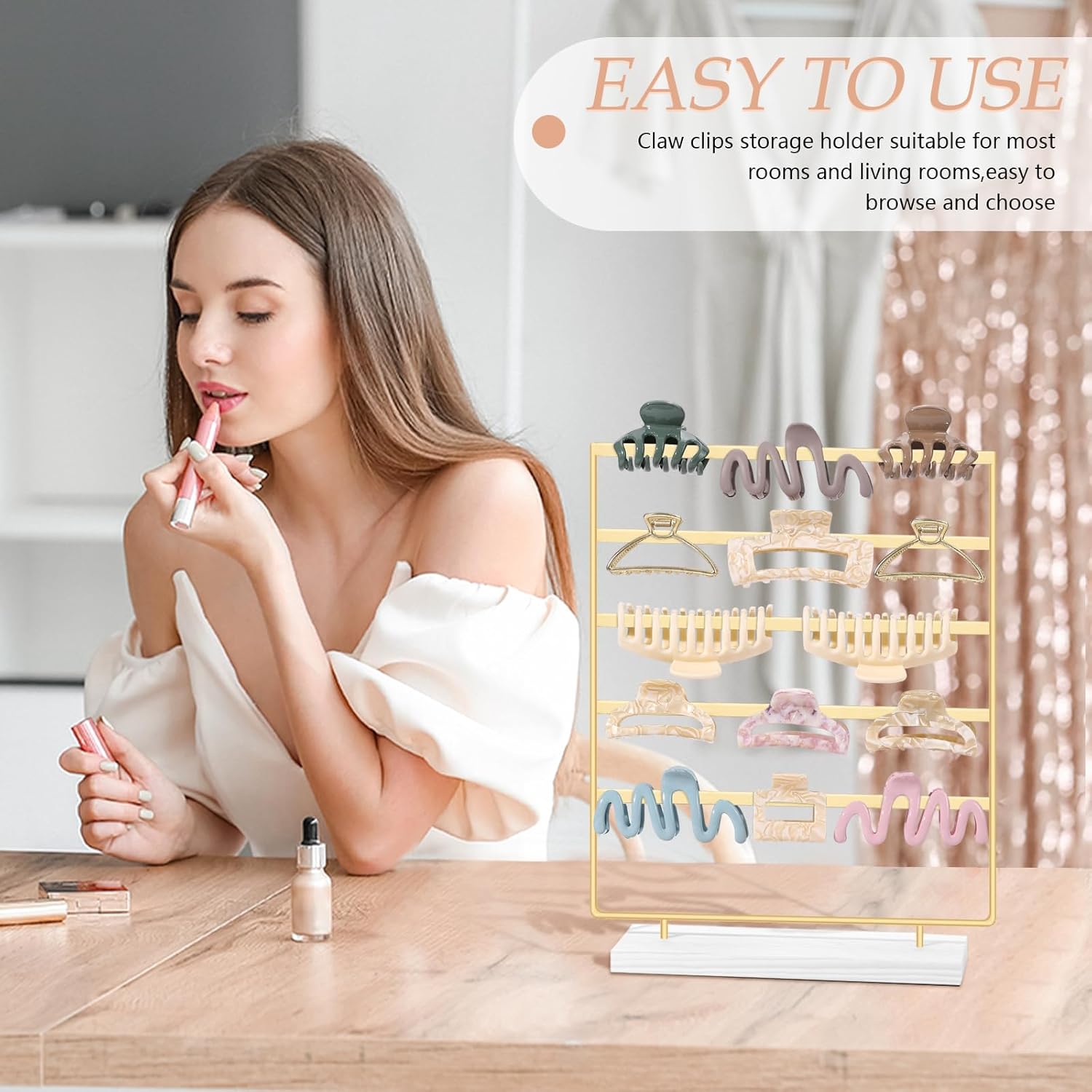 SNOWSTAR Hair Claw Clip Holder Organizer - 5 Tier Iron Rod Hair Clip Holder Storage for Women Girls, Wood Base Desktop Organizer