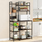 Luckyeestar Bakers Rack with Power Outlet - 6 Tier Microwave Stand with Storage, 35.4 inches Kitchen Shelf with Wire Basket and 12 S Hooks,Coffee Bar Shelf, Adjustable Feet, Rustic Brown Cabinet