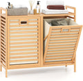 Giantex Tilt Out Laundry Hamper, 20 Gal Bamboo Laundry Storage Cabinet with 2 Removable & Foldable Fabric Bins, Top Shelf, Pull Out Laundry Basket Organizer for Bathroom, Living Room, Bedroom