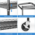 WDT Heavy Duty 3 Tier Utility Cart,Wire Rolling Cart with Wheels, Commercial Grade Service Cart with Shelving Liners and Handle Bar Metal Carts for Kitchen Office Hardware (990LBS Capacity Black)