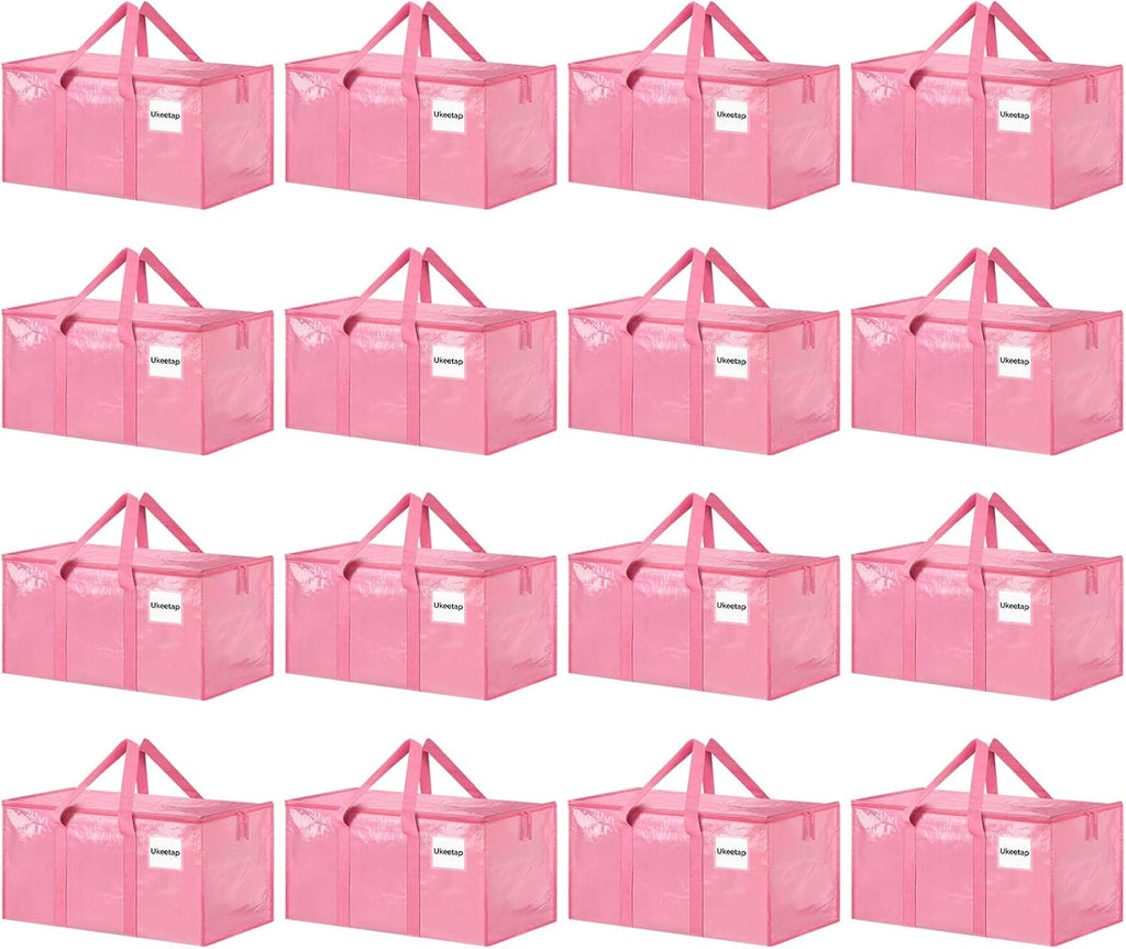 16 Pack Extra Large Heavy Duty Moving Bags, Pink Storage Bins with Lids, Reinforced Handles & Heavy-Duty Zippers Moving Boxes Storage Bags Totes for Clothes Packing, Dorms, College Supplies, Pink
