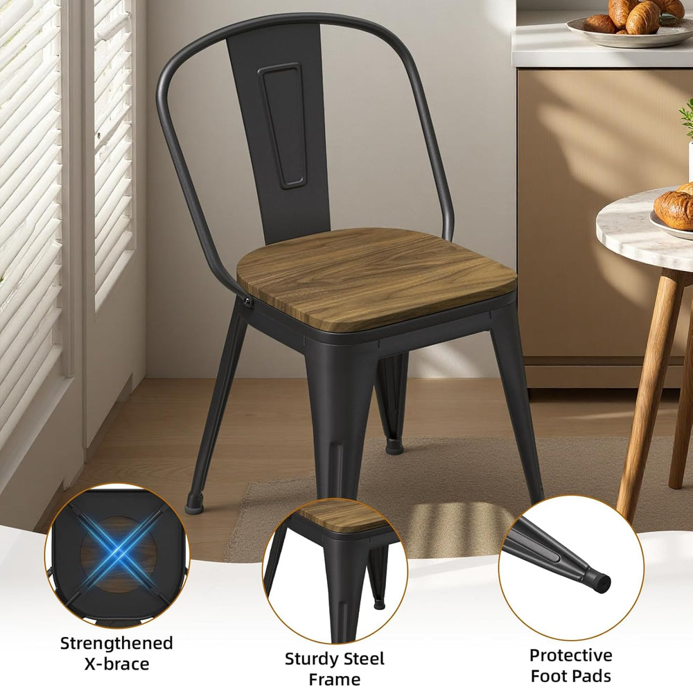 18 Inch Dining Chairs Set of 4, Farmhouse Metal Chairs with High Back and Woo...
