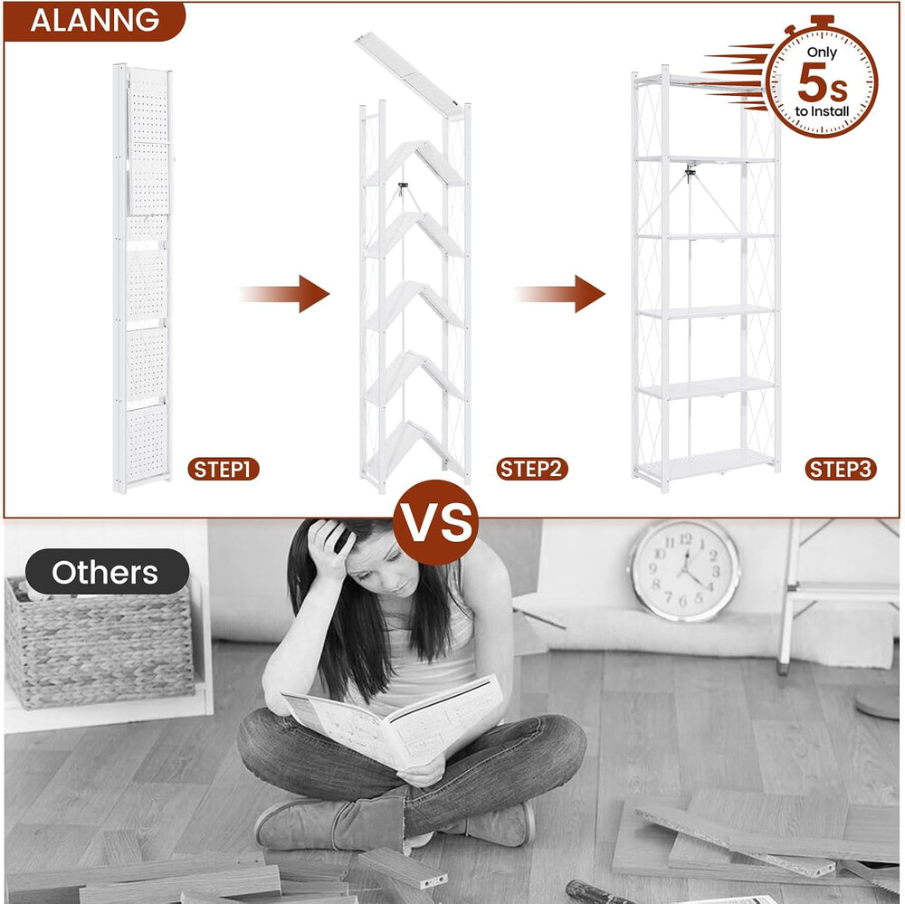 ALANNG 73.6 Inch Folding Bookshelf, 6 Tier Metal Bookcase and Bookshelves