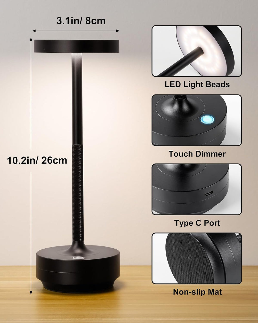 LED Cordless Lamp 5000mAh Table Lights Rechargeable 2-Pack Black