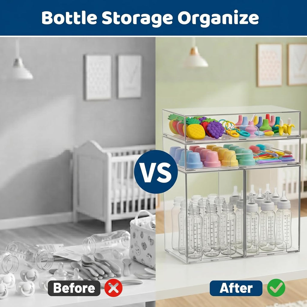 Baby Bottle Organizer Stackable, 4 Pack Clear Stackable Storage Drawers with 3 Stickers & 1 Pen, for Stationery, Cosmetics, Bathroom, Vanity, Countertop & Cabinet ((7.7’’ and 3.4’’Tall)