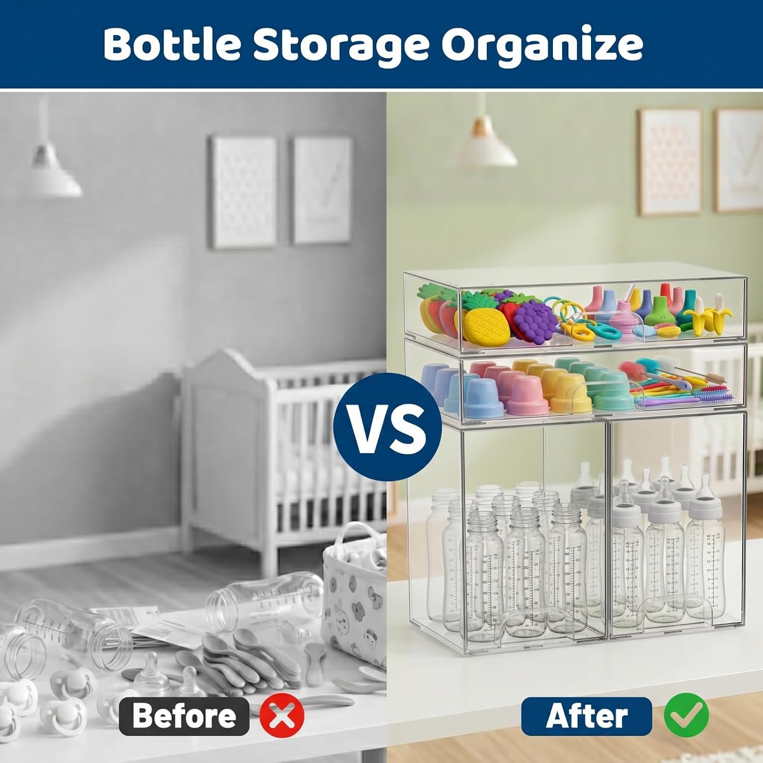 Baby Bottle Organizer Stackable, 4 Pack Clear Stackable Storage Drawers with 3 Stickers & 1 Pen, for Stationery, Cosmetics, Bathroom, Vanity, Countertop & Cabinet ((7.7’’ and 3.4’’Tall)