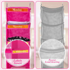 2 Pcs 6 Shelf Hanging Weekly Clothes Organizer for Kid,Rose Red | Closet Organization, Hanging Closet Shelves with Side Pockets, Labeled Shelves with Days of The Week Monday Through Weekend