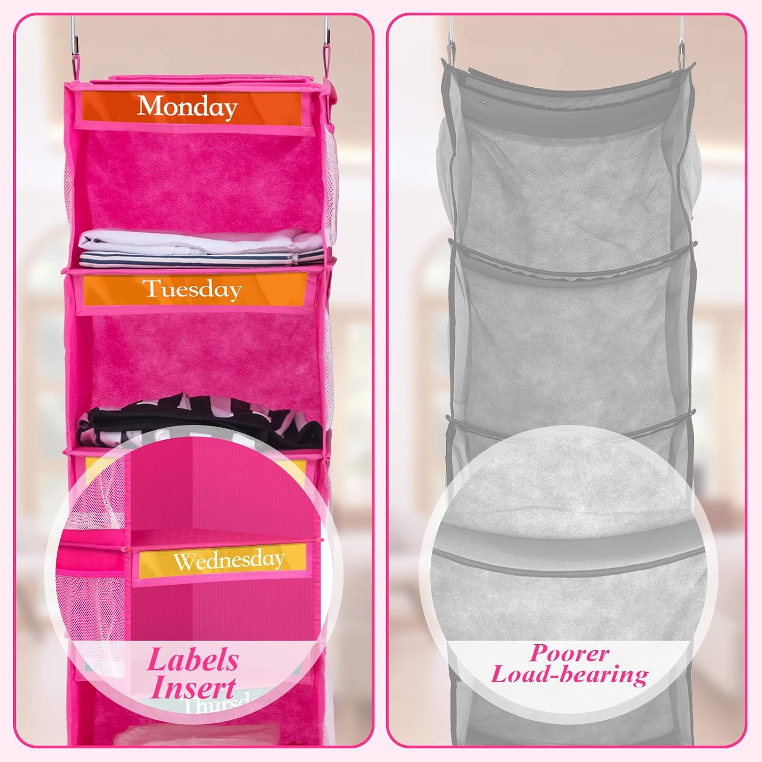 2 Pcs 6 Shelf Hanging Weekly Clothes Organizer for Kid,Rose Red | Closet Organization, Hanging Closet Shelves with Side Pockets, Labeled Shelves with Days of The Week Monday Through Weekend