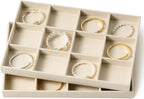 pickpiff Drawer Jewelry Organizer & Display Trays: 2pcs 12grid Velvet Stackable Jewelry Case (13.8x9.4x1.2inch) - Soft Beige Necklace Holder Bracelet Display Watch Box