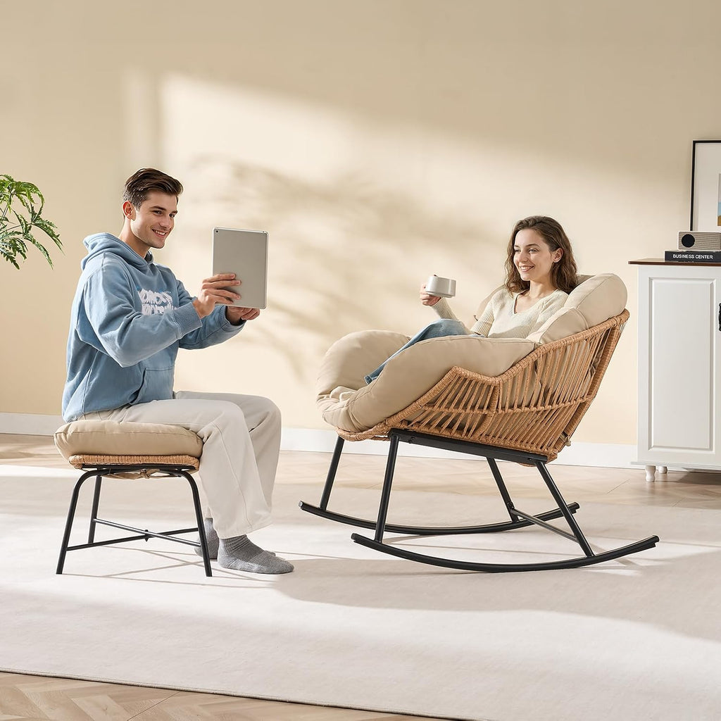 ONBRILL Papasan Rocking Chair with Ottoman, Oversized Papasan Chair, Beige | Indoor & Outdoor Rocker Chair with Padded Cushion for Living Room, Patio, Garden