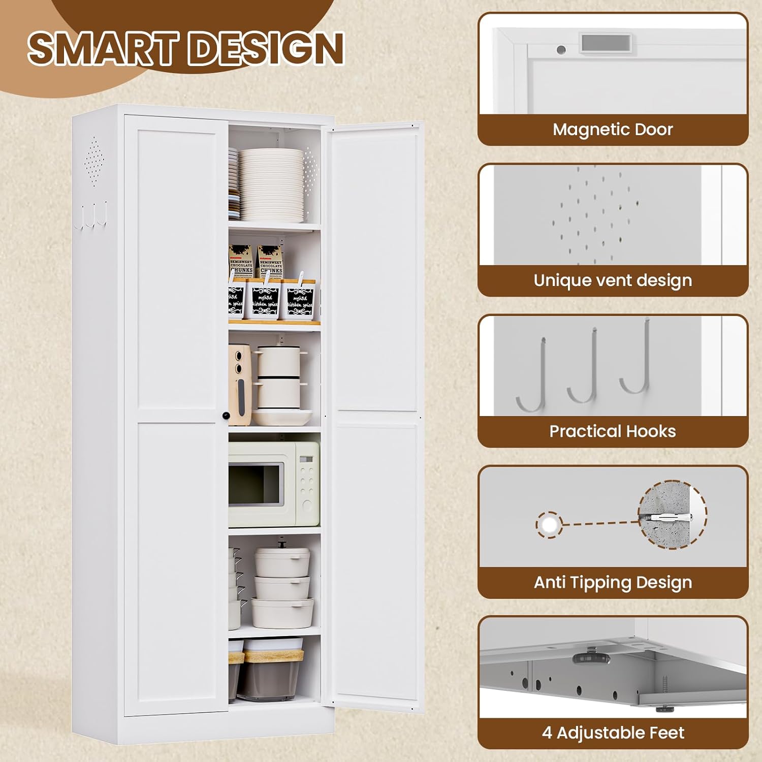 Metal Storage Cabinet, 72" Tall Kitchen Pantry Cabinet with 2 Doors and 5 Adjustable Shelves, White Steel Storage Cupboard for Dining, Office, Living Room, Bathroom
