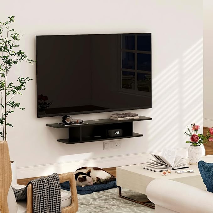 GHC Floating TV Stand, Wall Mounted Entertainment Center and Cabinet Shelf, TV Console with Storage, Media Console for DVD Player, Space-Saving Under TV Shelf for Bedroom, Living Room (Black)
