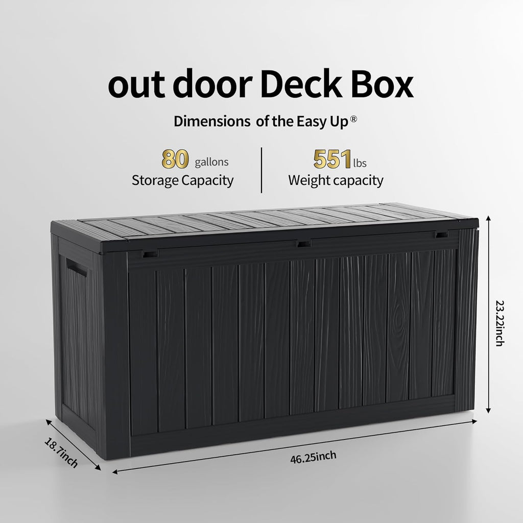 TARKARI 80 Gallon Lockable Resin Deck Box, Waterproof & UV-Resistant Outdoor Storage Box for Outdoor Cushion Storage, Garden Tools & Pool Accessories Storage, Black