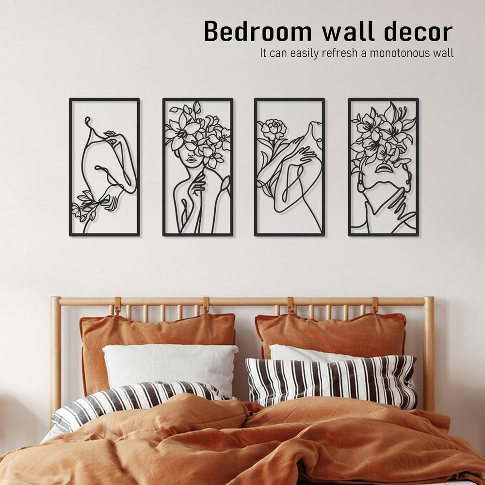 Bakovity Black Metal Wall Art, Abstract Minimalist Floral Woman Wall Decor