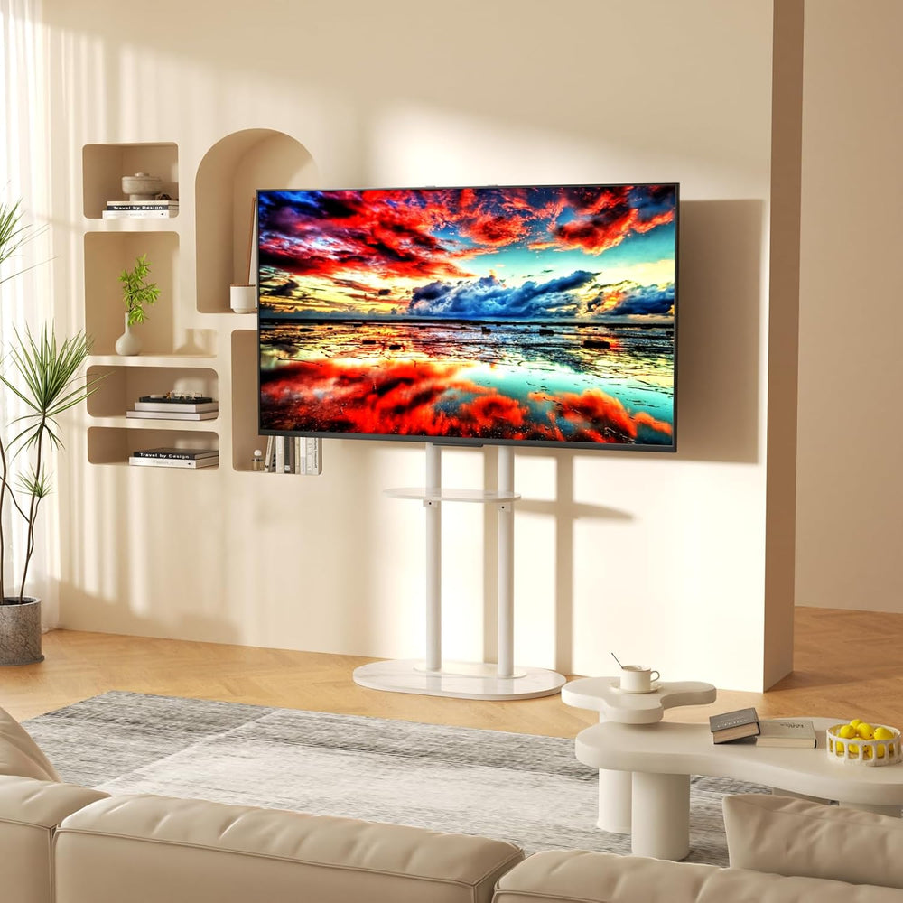 unho White Floor TV Stand with Shelf for 45-75 inch Flat LCD LED Screen TVs |...