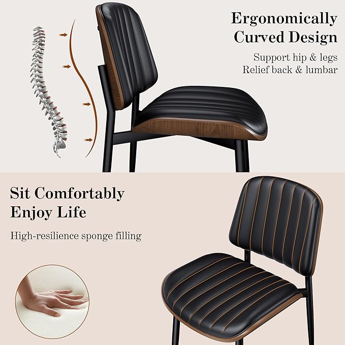 Dining Chairs Set of 4, Mid-Century Modern Upholstered PU Leather Chairs with Walnut Bentwood Back and Metal Legs Adjustable Feet for Kitchen Dining Living Room, Dark Black Vertical Stripes
