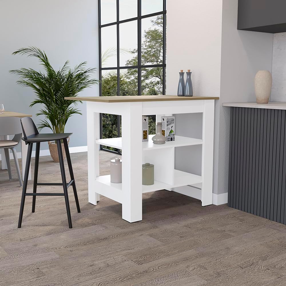 Kitchen Island Pompeya with Three Shelves White Finish | Three-shelf design w...