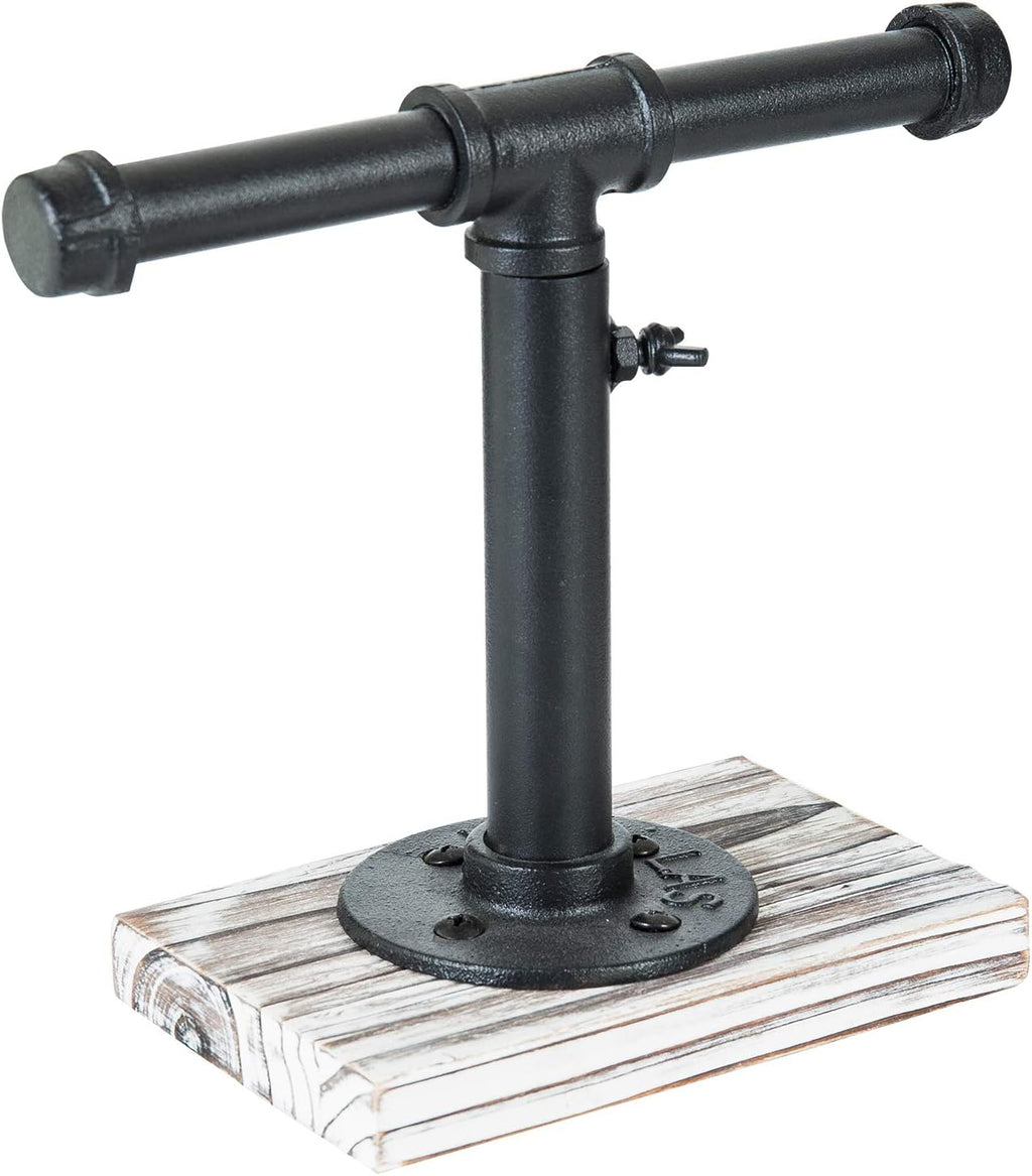 MyGift Industrial Pipe Black Metal T-Bar Adjustable Height Jewelry, Bracelet & Necklace Display Stand with Torched Wood Base
