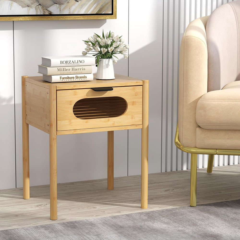 Giantex Bamboo Nightstand Set of 2, Mid Century Modern Bedside Table with Tem...