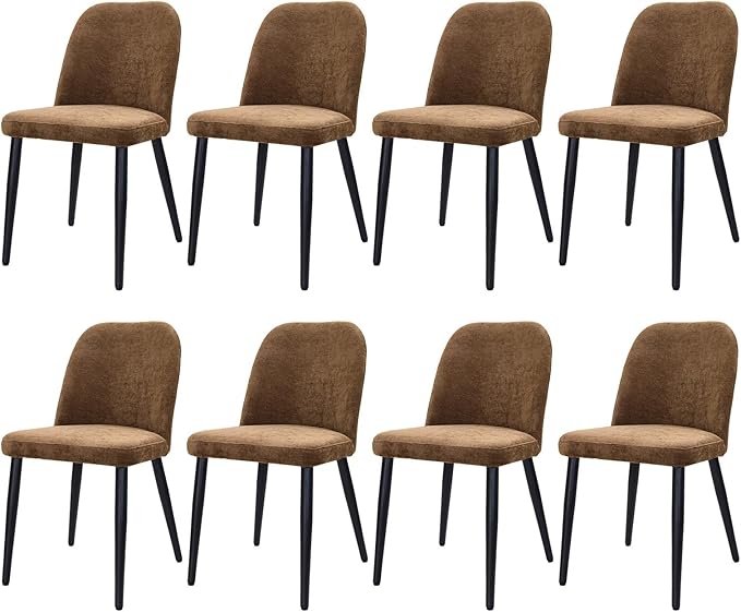 Upholstered Dining Chairs Set of 8 Modern Kitchen Chairs Chenille Fabric Dining Room Chairs High-Back Padded Dining Chairs with Metal Legs for Kitchen Dining Room Restaurant Cafe Hotel, Brown