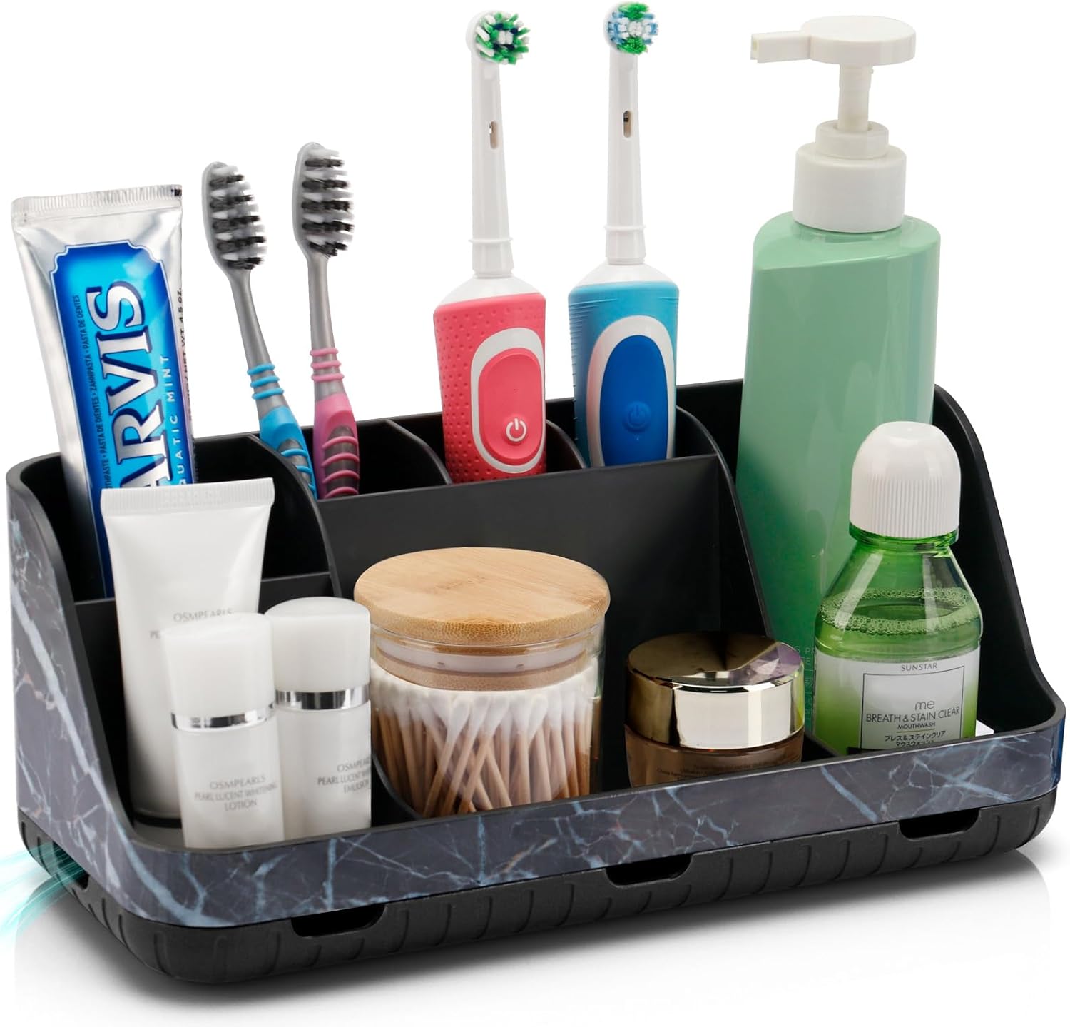 Marble Black Toothbrush Holders for Bathrooms - Detachable 7 Slots Bathroom Organizer Countertop Matte Black Electric Toothbrush and Toothpaste Holder for Bathroom Counter Vanity Sink Storage