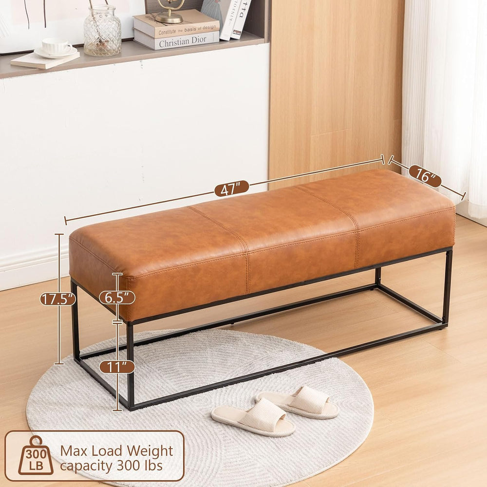 Entryway Bench for Bedroom End of Bed, Modern Ottoman with Faux Leather Uphol...