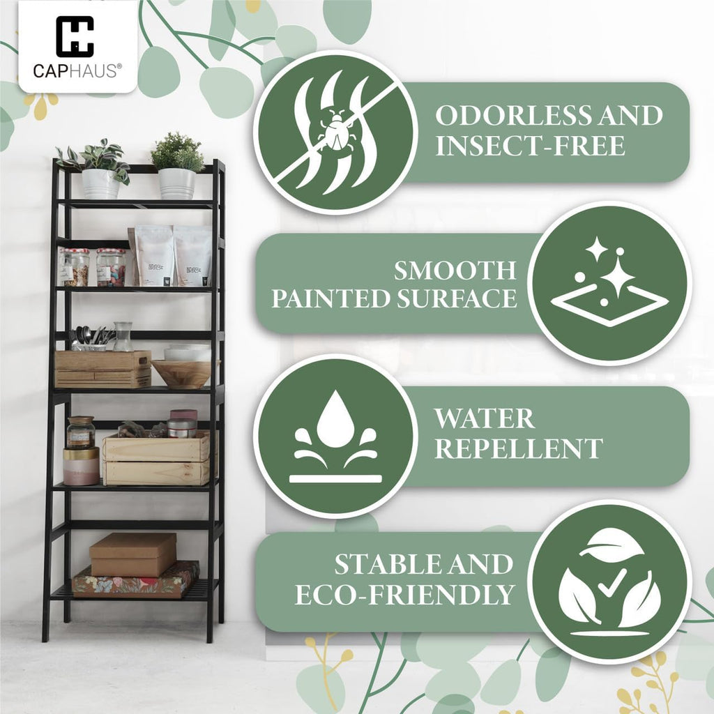 CAPHAUS Bookshelf, 5-Tier Bookcase, Tall Ladder Shelf with Bamboo Frame,Freestanding Storage Shelves Display Rack, for Living Room,Home Office,Bedroom,Kitchen,Plant Stand,Bathroom,Natural
