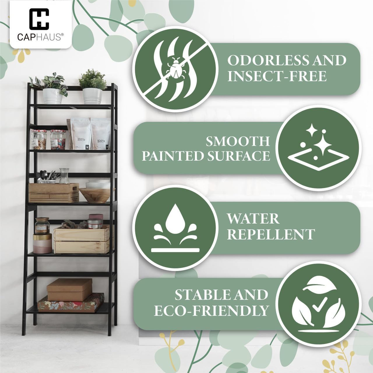 CAPHAUS Bookshelf, 5-Tier Bookcase, Tall Ladder Shelf with Bamboo Frame,Freestanding Storage Shelves Display Rack, for Living Room,Home Office,Bedroom,Kitchen,Plant Stand,Bathroom,Natural