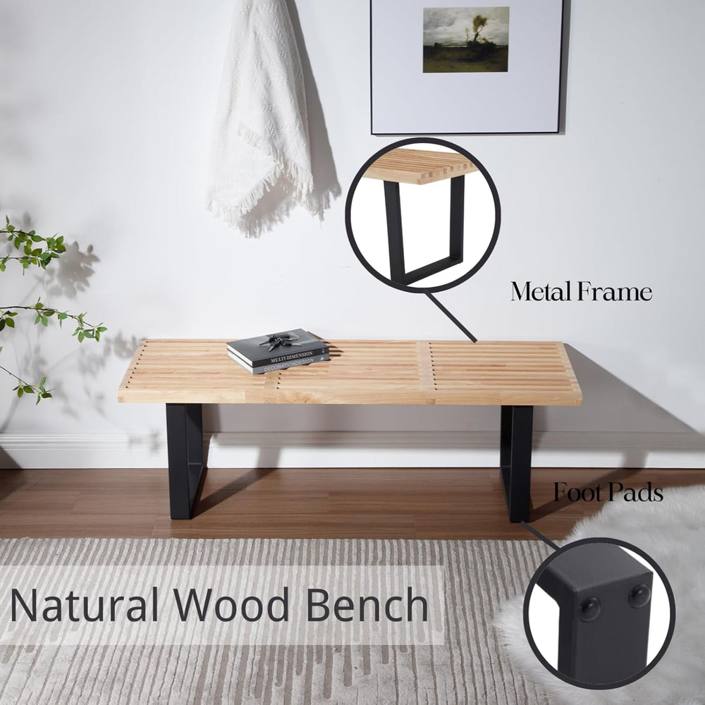 55" Natural Wood Entryway Bench, Industrial End of Bed Bench for Bedroom...